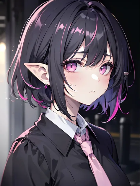 (masterpiece,best quality,ultra-detailed),1girl,short hair,messy hairstyle,black and pink hair,dark hair, pale skin,pointy ears,beautiful and detailed face, detailed eyes, pink shirt,tie,night,fog,street,((grey theme))