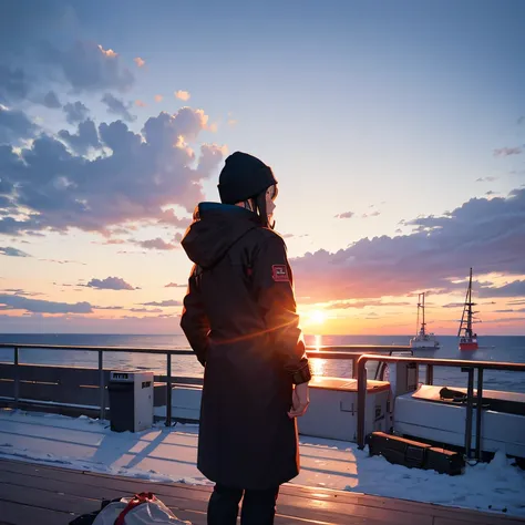 Stand on the deck of a connecting ship, 1man, Cold winter morning, Sunrise over the horizon, back-view