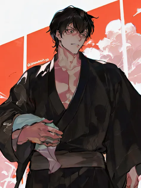 anime man in black kimono with a red background, hijikata toushirou of gintama, handsome guy in demon slayer art, inspired by Okumura Masanobu, kentaro miura manga art style, handsome japanese demon boy, kentaro miura manga style, wearing black robe, kenta...