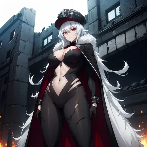 1girl,gigantic breasts,standing in ruined city,(8k),scratches,detailed face,white hair,red eyes,long hair,embarassed,small smile...