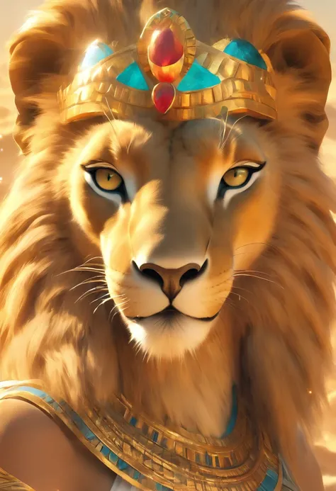 (((SEKHMET))) best quality, ultra-high resolution, 4K detailed CG, master piece, woman, Lioness Goddess, Pharaoh crown, adornment, Egyptian clothing, Egyptian mythology, desert, aesthetics, ((lioness head)), standing, Beautiful image, centered