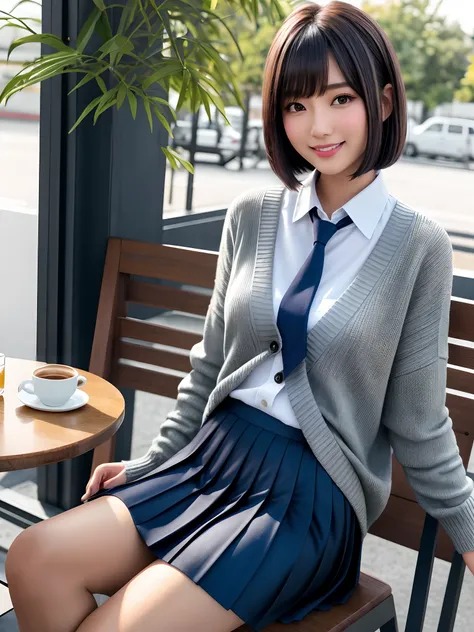 product quality, 1girl, upper body shot, front view, a Japanese young pretty woman, medium bob hair, sitting on a chair with a big smile in front of a table in a crowded open air cafe in the sunset, coffee on the table, glamorous figure, wearing a gray kni...