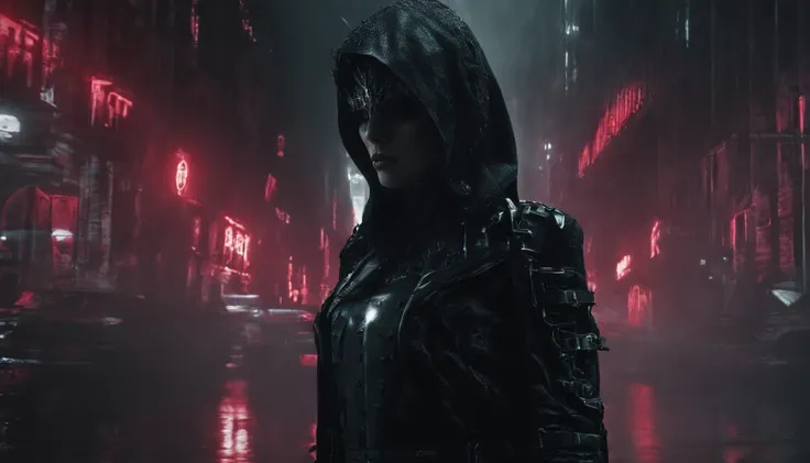 Theres a cyborg woman with cyborg elements on her face standing in a cyberpunk city alley at night, futuristic soldier female tight suit, dark knight movie aesthetic, darksynth aesthetic, red neons, beautiful woman, haze, foggy night, horror cyberpunk, noi...