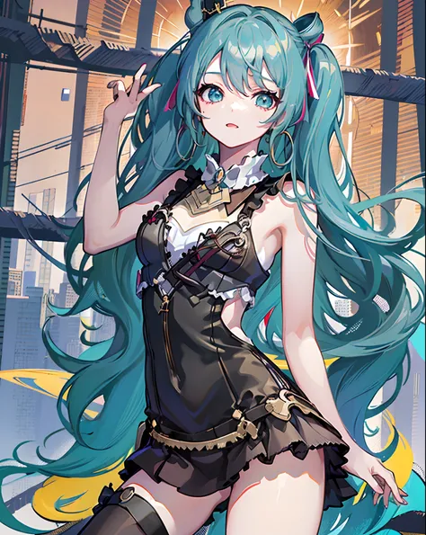 Hatsune miku , (cabello de color dividido:1.3), hermoso cabello rojo , hermoso cabello negro, colas gemelas, Tipo Estilo Luna, realista, extremadamente delicado y hermoso, juego_CG, Looking_abajo, Enfoque en los ojos, mano_en_cadera, brillante_piel, girlis...