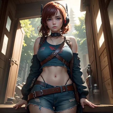 8k, masterpiece, best quality, realistic, higly detailed, cowboy shot, 1girl, solo, miku, emotionless looking girl, medium-length red hair, strands of hair hanging over the right side of her face, a set of wireless headphones that have a triangle-shaped lo...