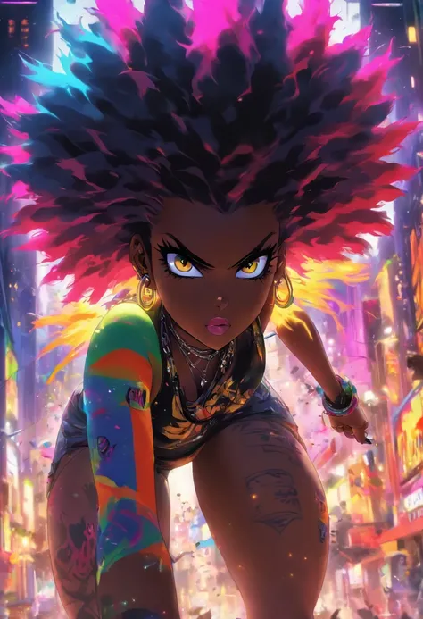 huge ass/thighs, small waist, naked sexy punk rock girl, black Afro, huge boobs, rainbow hair, yellow eyes, dark skin, High resolution