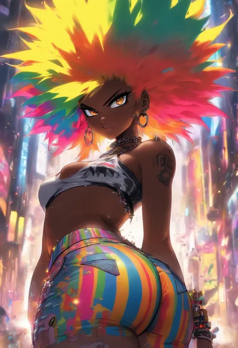 huge ass/thighs, small waist, naked sexy punk rock girl, black Afro, huge boobs, rainbow hair, yellow eyes, dark skin, High resolution