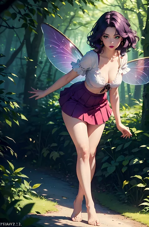 (masterpiece), ((full body wide shot : 1.2)) 1girl, ((elegant and lady : 1.2)), (fairy with wings:1.4),sexy pose, ((medium length hair : 1.4)), wavy hair, (dark purple hair:1.3), blushing, full face blushing, ((glowing green eyes : 1.3)), (full lips:1.3),(...