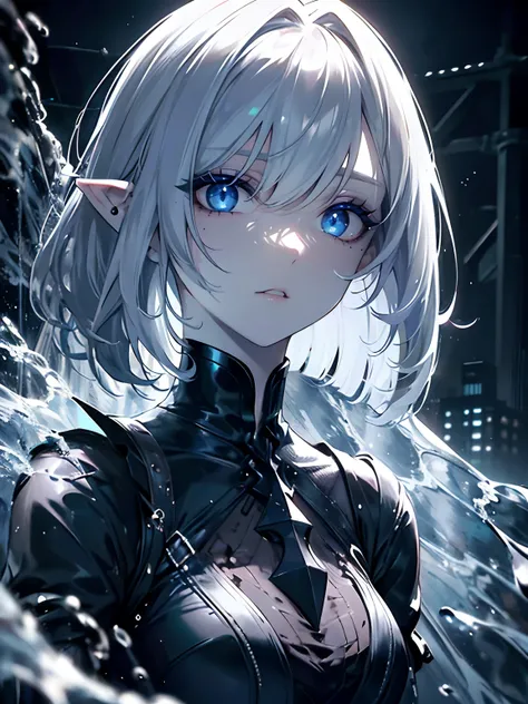 (masterpiece,best quality,ultra-detailed),1girl,messy hairstyle,mane, long bob cut,black and blue hait,pale skin,pointy ears,beautiful and detailed face, detailed eyes,night,fog,street, looking at viewer,small chest,((grey theme)),((water theme))