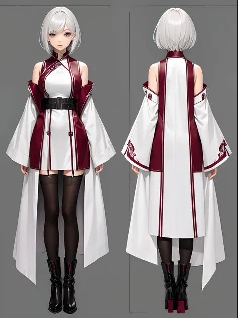 Character sheet of a 21-year-old girls cool style, beauty eyes, sharp eyes. Her Asymmetric Pixie hairstyle, silver hair, short hair, and left-facing bangs, Shes dressed fashioned red wine long robe dress, leather boots