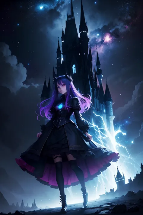 Set an anime in a dark realm where darkness is dominant, with Gothic castles and a mysterious atmosphere.This realm is connected to a dazzling galaxy, where exotic planets sparkle with intense colors and shimmering nebulae adorn the starry sky