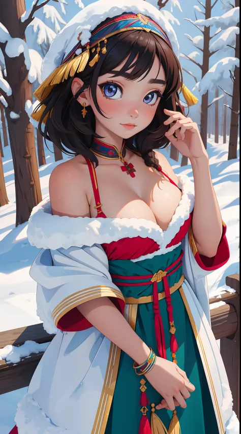 child, Haplogroup D1a1a1, High quality, Masterpiece, Portrait, 1girll, 11 Yeats old, Hmong，Large breasts，cleavage，Off-the-shoulder attire，snowfield，Forest，Snow，