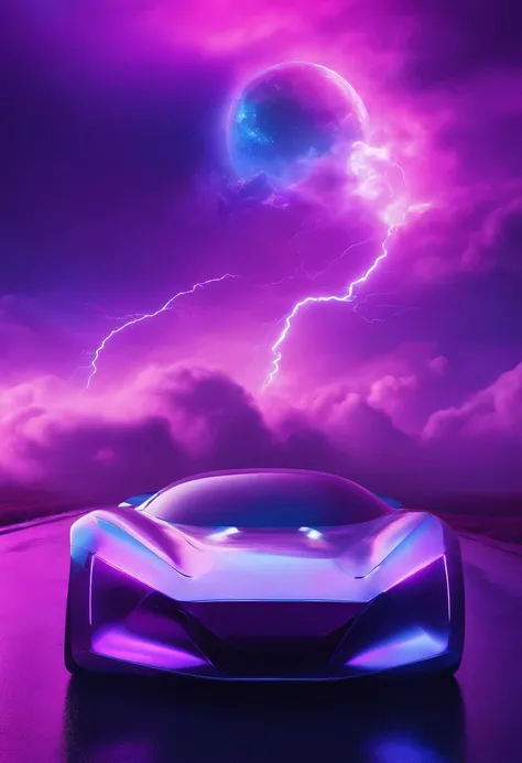 Futuristic car floating above the clouds, Neon tones, Dark sky, purple lighting, rain, Lightning, Ultra photo realsisim, Highly detailed, 8K