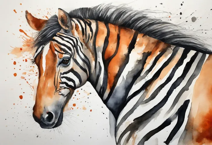 Horse with tiger striped patterns, orange black and white, masterpiece, best quality