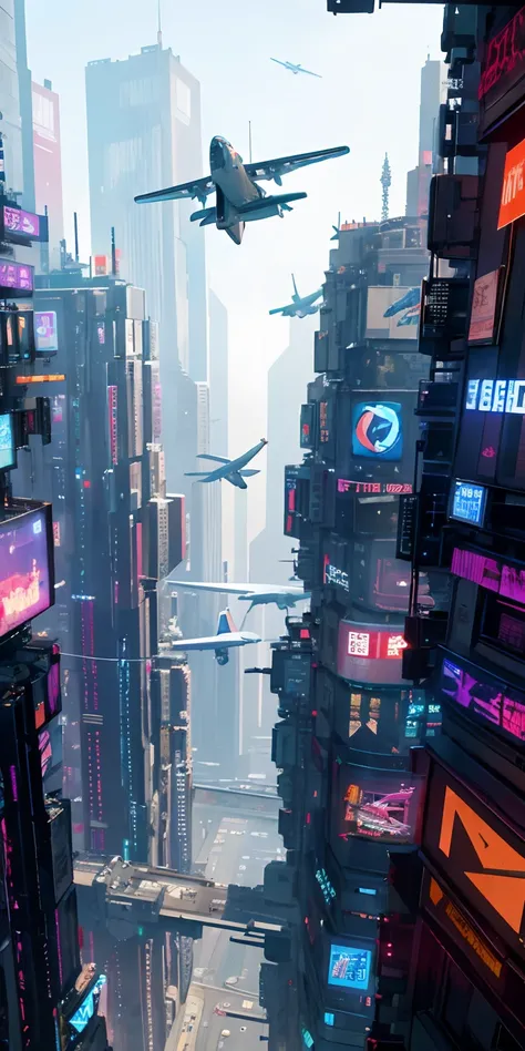 top-quality))、((​masterpiece)、Cyberpunk City、Airplane flying between skyscrapers、Cyberpunk style