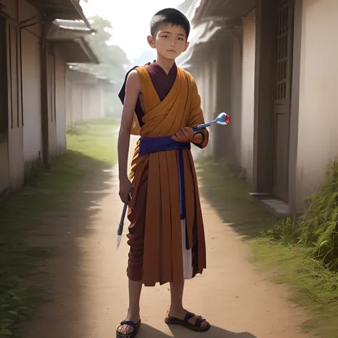 A 15 year old boy monk is taking sward in left hand and standing in single leg