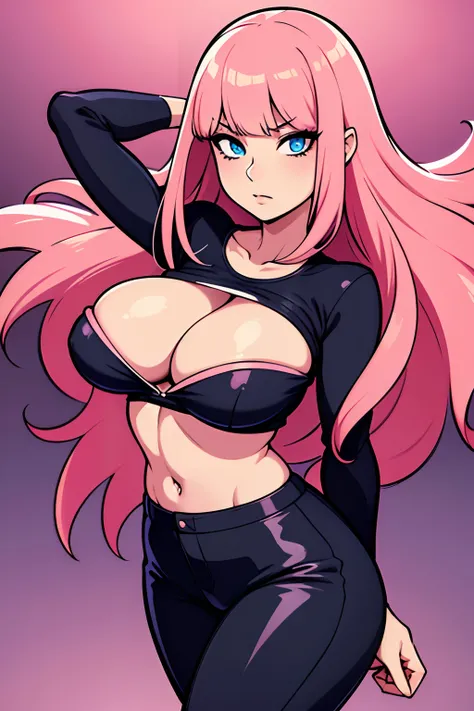 Elvira, Beautiful Gynoid,long pink hair,blue eyes,big bouncing breasts,[warning a Japanese jacket],[Japanese t-shirt],[Japanese pants],medium:illustrations,detailed face,ultra-detailed,bodydetails,[best quality:1.2],[highres,4k],vibrant colors,bokeh,soft l...