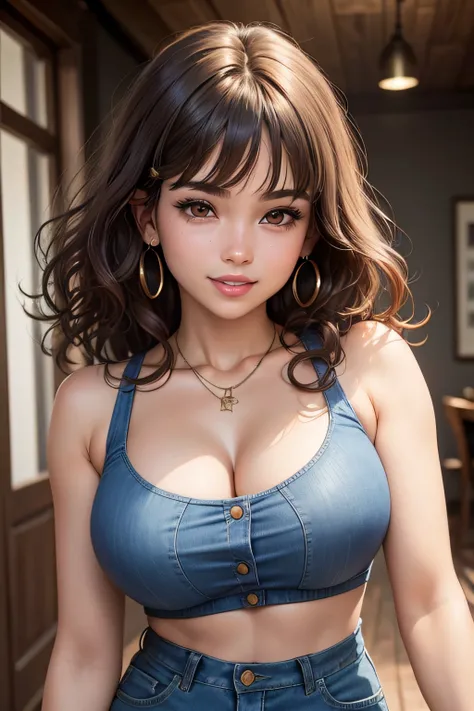 (One front photo)girl in denim clothes, Pretty face, Highly detailed face and skin texture, Short hair, (Detailed eyes), Brown eyes, Double eyelids, Thin eyebrows, Glitter eyeliner: 1.2, Natural cheeks, Glowing skin, Light skin: 1. 2, Shiny necklace and ea...