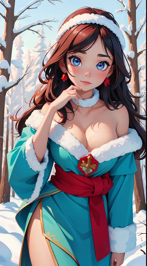 child, Haplogroup D1a1a1, High quality, Masterpiece, Portrait, 1girll, 11 Yeats old, Hmong，Large breasts，cleavage，Off-the-shoulder attire，snowfield，forest，Blizzarding，Frozen magic。Be red in the face，