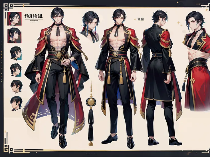 ((Masterpiece, Highest quality)), Detailed face, character design sheet，full body esbian, Full of details, frontal body view, back body view, Highly detailed, Depth, Many parts, Muscle boy with black hair，handsome man,  Traditional chinese clothes, Genshin...