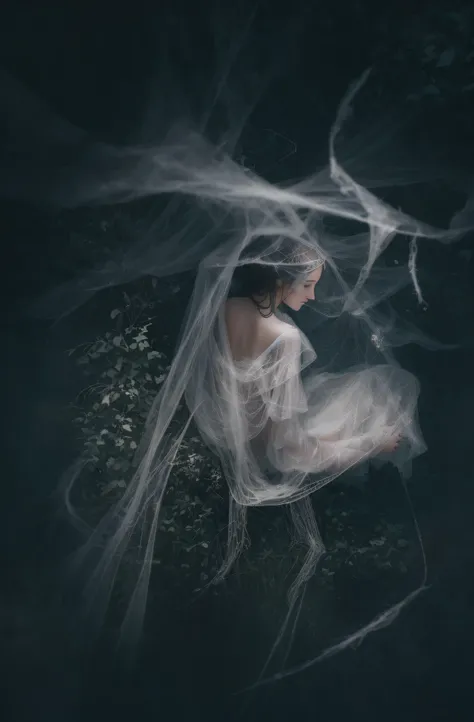 there is a woman in a white dress laying in the forest, inspired by Brooke Shaden, enveloped in webs, floating webs, a stunning young ethereal figure, ghostly form, dreamy and ethereal and dark, covered with cobwebs and dust, beautiful girl, she is wrapped...