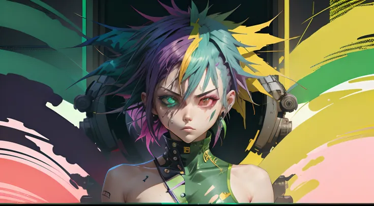 Anime Phonk Horror Album Cover with Neon Green Colors,estilo cyber punk, rainbow hair, mean smirk, segurando uma katana,cabelo longo