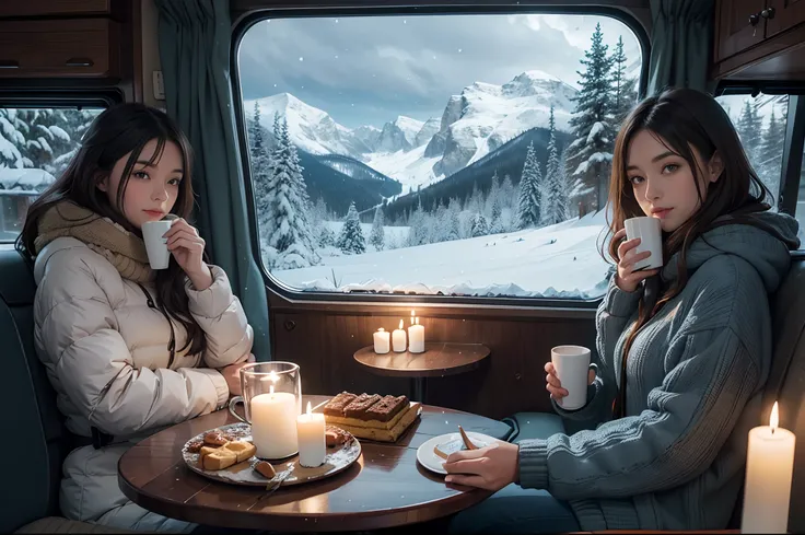 Couple inside a motorhome, wearing winter clothing, drinking coffee, eating birthday cake with candles, and looking through the window the snow falling, mountain and forest landscape. Blue hour, highly detailed. Photorealistic.