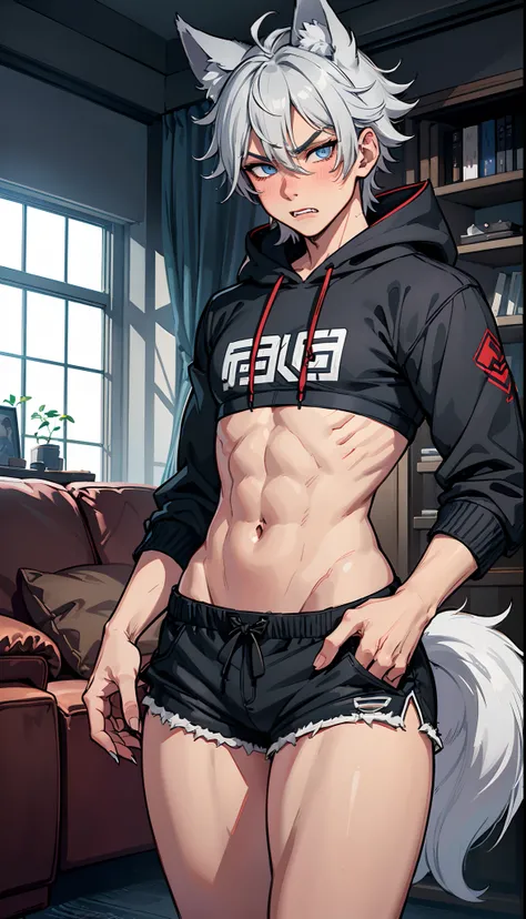 ((1boy)), blue eyes, messy gray hair, close up view, wolf ears, wolf tail, black hoodie, black booty shorts, slim waist, big thighs, looking at viewer, fangs, angry, living room, sharp nails, ultra masterpiece, HD, young, twink, wide hips, blush