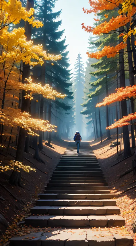 The back of a cartoon character climbing stairs in an autumn forest