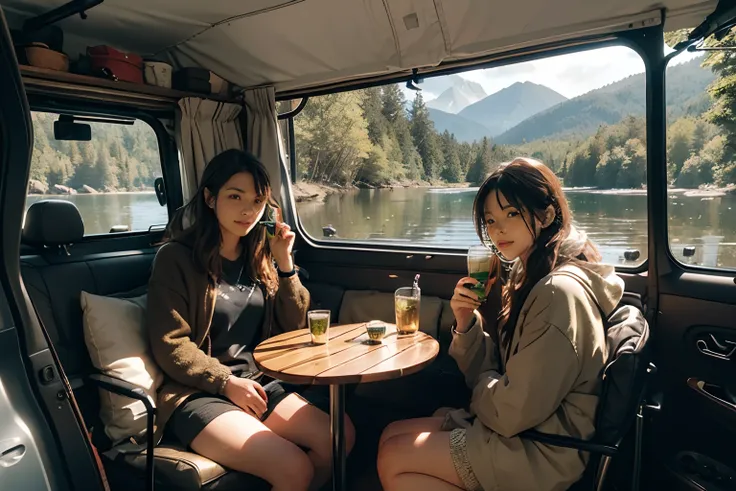 A motor home under some trees, A couple drinking mate tea in a mate cup, under the trees and next to the motor home. Autumnal forest in Bariloche, trees with yellowish leaves, mountains and lake in the background . illuminated by morning sun. highly detail...