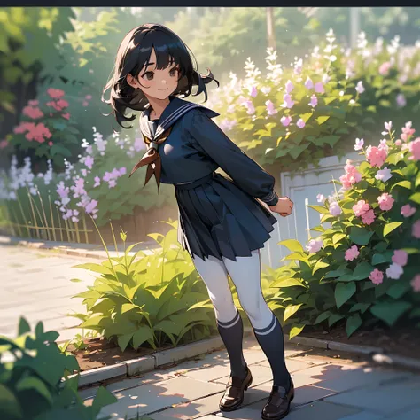 (Best Quality, hight resolution, Ultra-detailed, Realistic:1.37), peaceful ambiance, (plein air, garden), Teenage girl standing alone, Beautiful detailed features, Cute smile, ((Black bob hair)),Navy blue sailor suit, Pleated skirt,White tights,Brown leath...