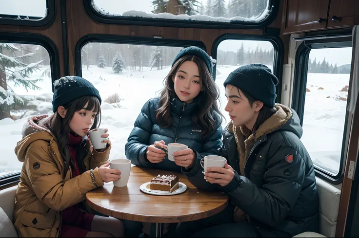 Couple inside a motorhome, wearing winter clothing, drinking coffee, eating birthday cake with candles, and looking through the window the snow falling, mountain and forest landscape. Blue hour, highly detailed. Photorealistic.