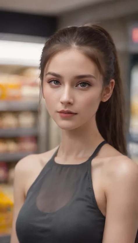 CINEMATICA MATRIX 5, NSFW,A 20 year old girl with ponytail hair, big dark gray eyes, and a perfect ovale face, rendered in a photorealistic style with sharp edges and a vibrant atmosphere, standing in a convenience store with bare breasts