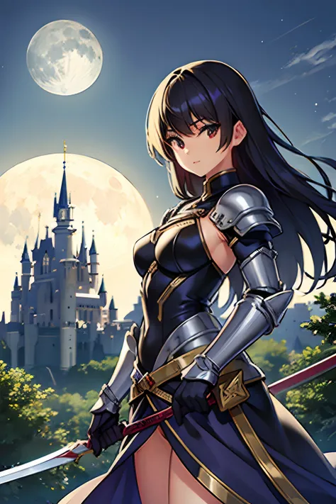 masterpiece,cowboy shot,1girl,fantasy,armor,wielding naginata,looking at viewer,castle background,day,moon,black hair