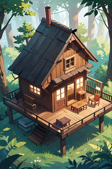 There is a small wooden deck house in the woods.、There is a chimney on the roof