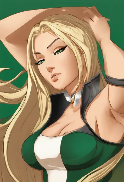 best quality,ultra-detailed,realistic,pin-up girl,Tsunade (naruto),beautiful detailed face,flawless skin,long flowing hair,voluptuous curves,seductive expression,sensual,provocative pose,elegant posture,firm large breasts,bare chest,busty,confident and pow...