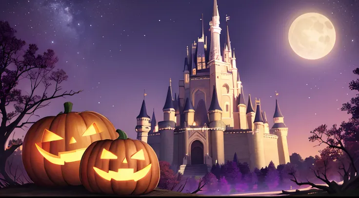 halloween scene，There are jack-o-lanterns，Dead branches，Castle silhouette in the distance，Gorgeous night sky，Purple-pink