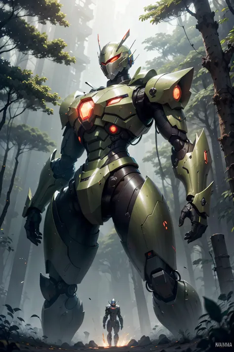 Homem vestindo armadura preta de tecnologia olhando para cima, mecha vermelho, Action sword with incandescent edges in place of the robots right hand.