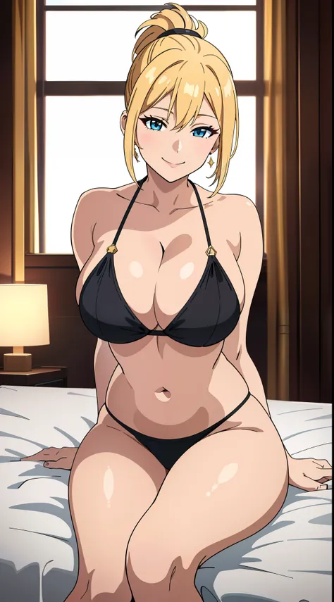 (best quality:1.5, highres, UHD, 4K, detailed lighting, shaders), blonde ponytail, busty, round breasts, thighs, cleavage, black bikini, earrings, sitting on bed, luxury bedroom background, sexy, smiling, (pov, close shot)