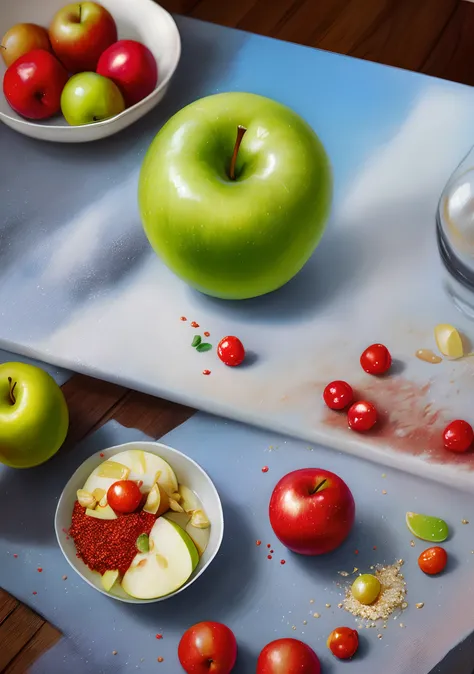 A green apple sprinkled on the table, pintura digital hiper realista, hiper-realismo colorido, amazing food illustration, apple blender, amazing food photography, ultrarealistic oil painting, foto colorida hiper realista, ultrarealistic oil painting, fotog...