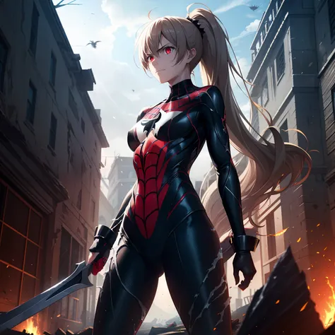 1girl,medium breasts,standing in ruined city,(8k),scratches,detailed face,light brown hair,red eyes,long hair,embarassed,small smile face,high_res, high_definition,the battlefield,Heroic pose,dark suit,ponytail,pirate sword, (symbiote spider man Custome:1....