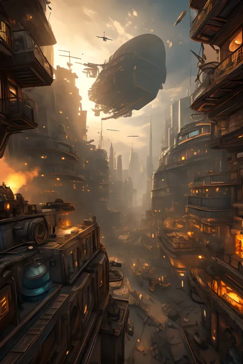 Visualize a post-apocalyptic steampunk cityscape, with towering gears and mechanical monstrosities. In the midst of the chaos, a group of rebels seeks refuge in an airship hideout.