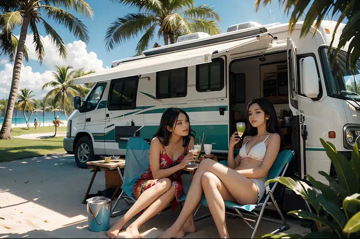 Close up of a couple drinking mate tea under the trees and next to their motor home. Sea, palm trees, Brazilian sandy beach on the background. illuminated by morning sun. highly detailed. Photorealistic.