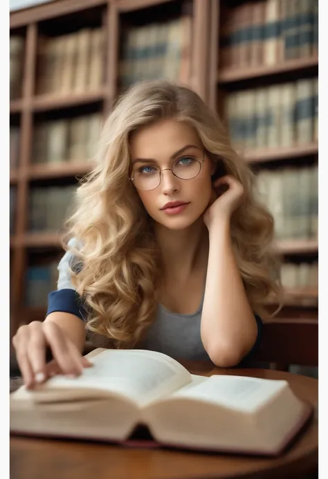 une fille lisant un manuel scolaire, beautiful detailed blue eyes, beautiful detailed lips, longs cils, College Student, A quiet library, soft natural lighting, Shelves full of books, curled up on a cozy armchair, lunettes de lecture, Concentrated expressi...