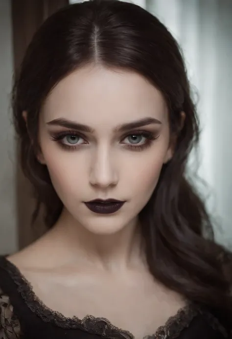 (low-lighting,slightly dark,gothic girl:1.1,21-year-old:1.1)gothic girl,gothic makeup,21-year-old,beautiful detailed eyes,beautiful detailed lips,selfie in the bathroom,gothic style,contrast lighting,subtle color palette,candlelight ambiance,gloomy atmosph...