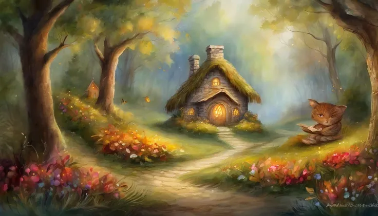 (best quality,4k,8k,Altas,master part:1.2) magical scene: Hansel and Gretel holding hands in lantern-lit grove, ancient trees around, petals on the ground, exprimindo amor atemporal e aventura.