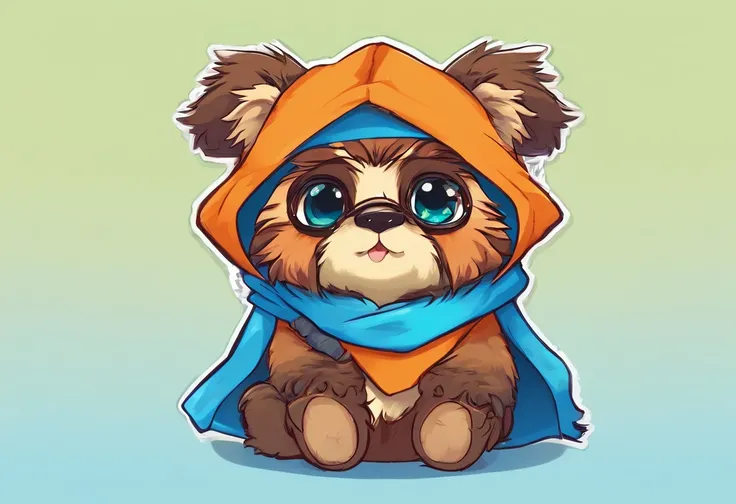 Ewok with sky-blue and blue fur, a blue bow, white tuff of hair, green eyes with glasses , masterpiece, best quality