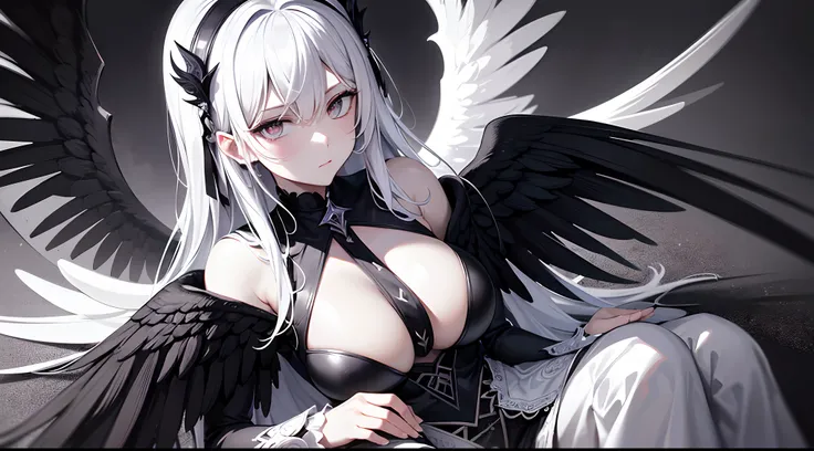 tmasterpiece，Portrait of an angel in prayer，Evil countenance，Three eyes，eye closeds，Black and white wings，A frame eroded by darkness and light