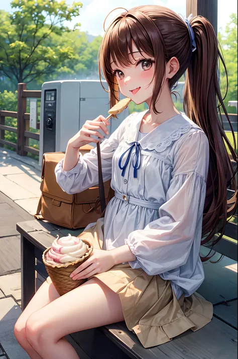 Best Quality、Light brown skin、One Piece Appearance、summer clothing、Drawn up to the knee、Holding an ice cream in one hand、Stick out your tongue and lick the ice cream、side poneyTail、femele、Very cute、A smile、The clothes are thin、long、、Brown hair、Schools、I wa...