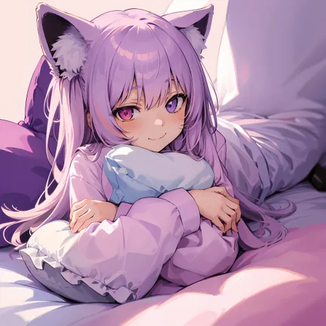 close-up portrait of ((solo catgirl)) hugging a pillow, light violet hair, nekomimi, simple plain background, innocent smile, pajamas, masterpiece, heterochromia, polychromia